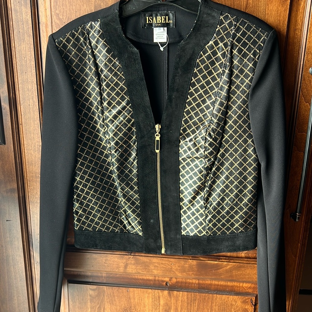 Isabel small black and gold jacket with leather trim